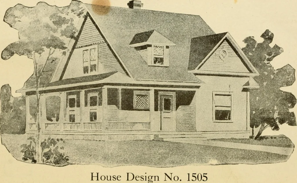 An illustration from Hodgson's modern house building : perspective views and floor plans of fifty low and medium priced houses ; full and complete working plans and specifications of any of these houses will be mailed at the low prices named, on the same day the order is received ; illustrated, 1905, leaf 39