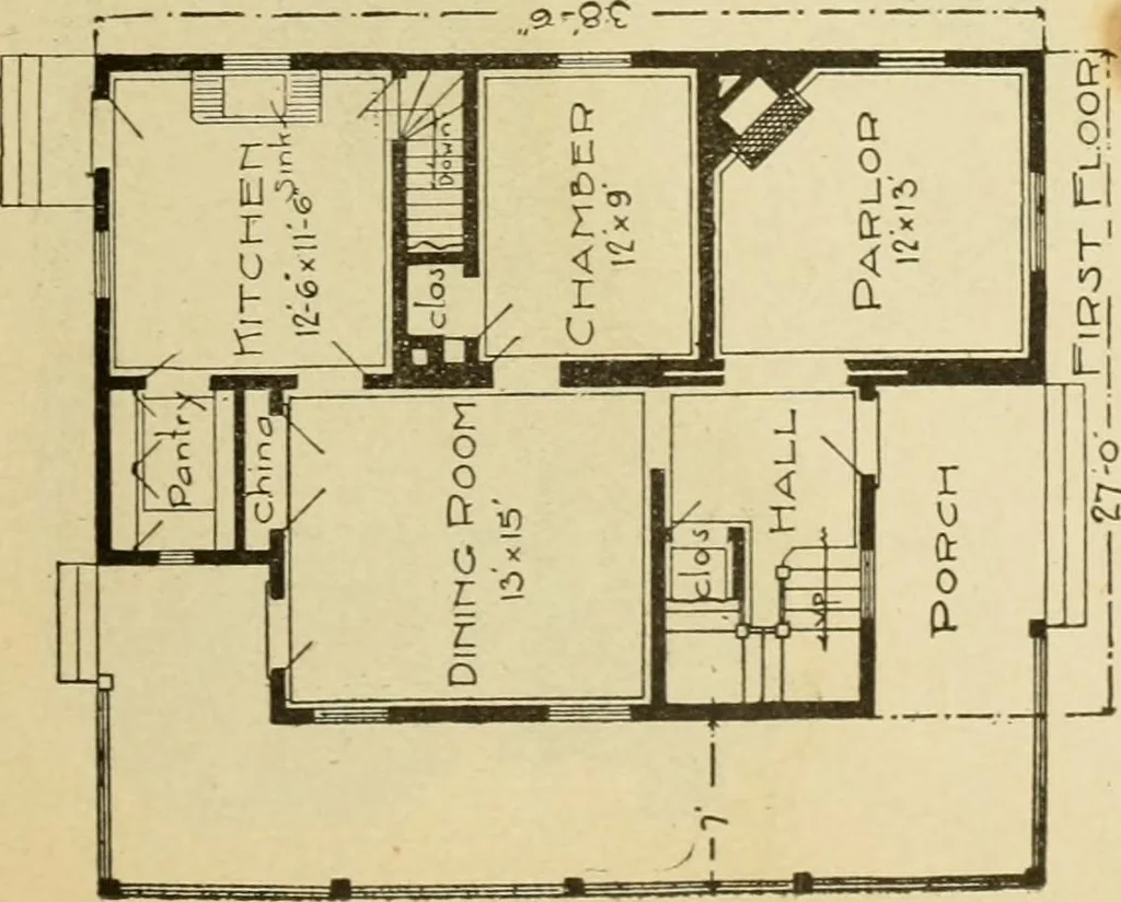 An illustration from Hodgson's modern house building : perspective views and floor plans of fifty low and medium priced houses ; full and complete working plans and specifications of any of these houses will be mailed at the low prices named, on the same day the order is received ; illustrated, 1905, leaf 40
