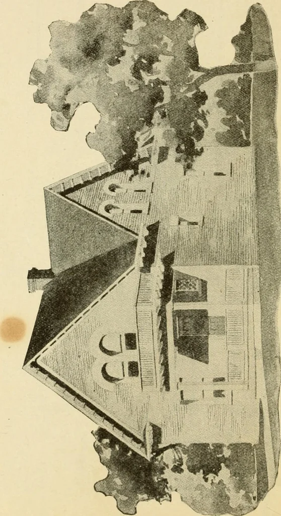 An illustration from Hodgson's modern house building : perspective views and floor plans of fifty low and medium priced houses ; full and complete working plans and specifications of any of these houses will be mailed at the low prices named, on the same day the order is received ; illustrated, 1905, leaf 41