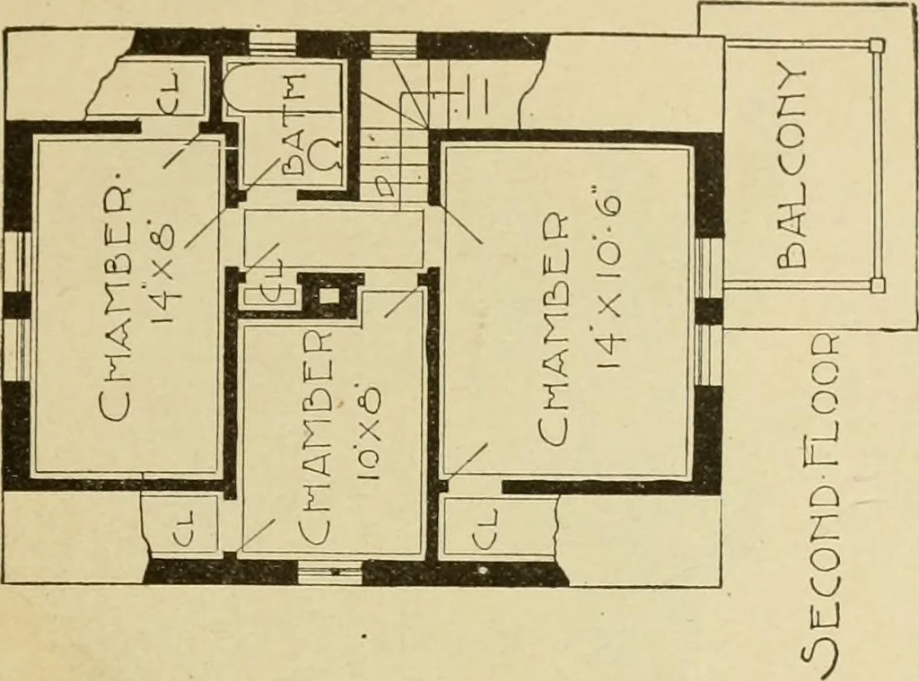 An illustration from Hodgson's modern house building : perspective views and floor plans of fifty low and medium priced houses ; full and complete working plans and specifications of any of these houses will be mailed at the low prices named, on the same day the order is received ; illustrated, 1905, leaf 42