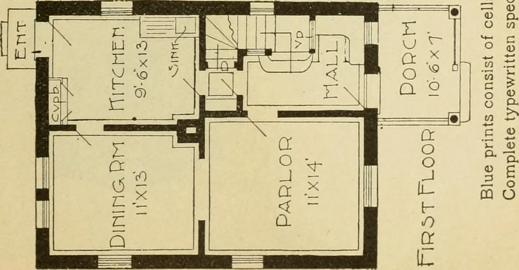 An illustration from Hodgson's modern house building : perspective views and floor plans of fifty low and medium priced houses ; full and complete working plans and specifications of any of these houses will be mailed at the low prices named, on the same day the order is received ; illustrated, 1905, leaf 42