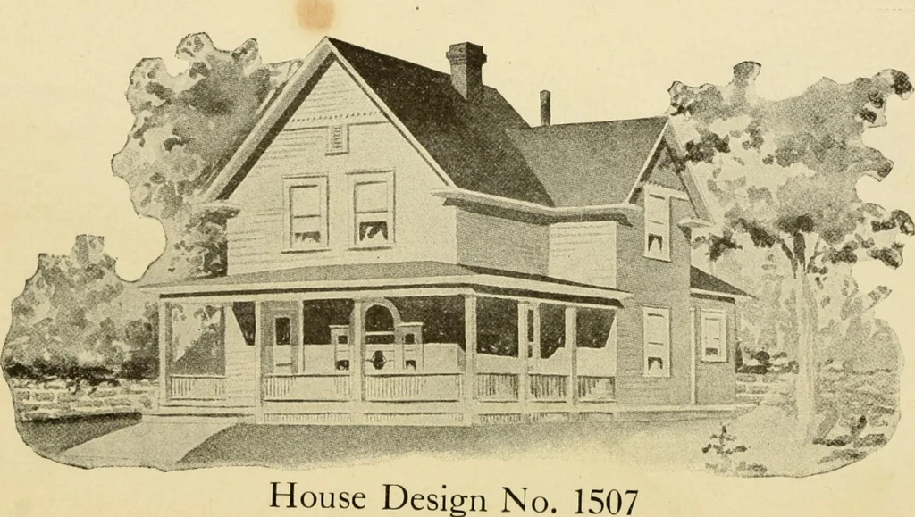 An illustration from Hodgson's modern house building : perspective views and floor plans of fifty low and medium priced houses ; full and complete working plans and specifications of any of these houses will be mailed at the low prices named, on the same day the order is received ; illustrated, 1905, leaf 43