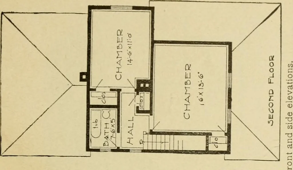 An illustration from Hodgson's modern house building : perspective views and floor plans of fifty low and medium priced houses ; full and complete working plans and specifications of any of these houses will be mailed at the low prices named, on the same day the order is received ; illustrated, 1905, leaf 44