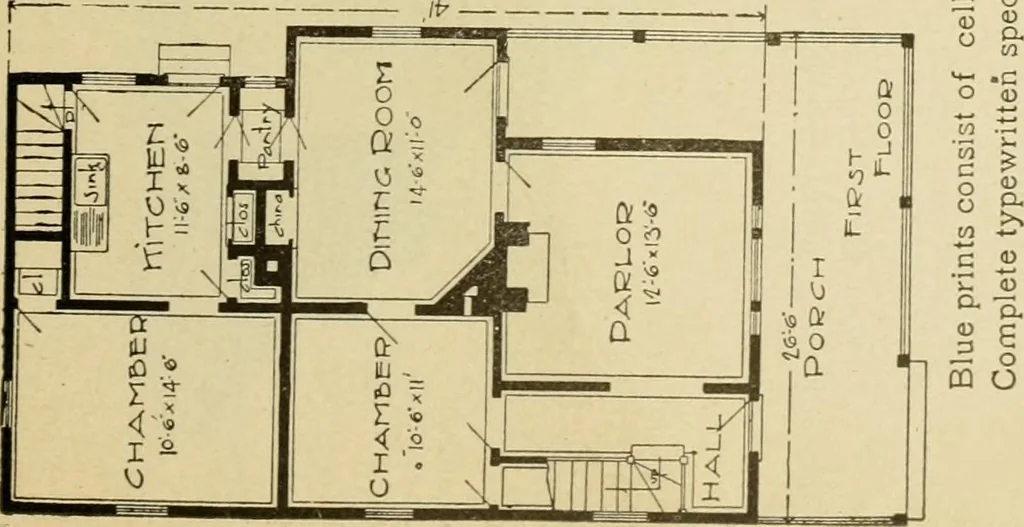 An illustration from Hodgson's modern house building : perspective views and floor plans of fifty low and medium priced houses ; full and complete working plans and specifications of any of these houses will be mailed at the low prices named, on the same day the order is received ; illustrated, 1905, leaf 44