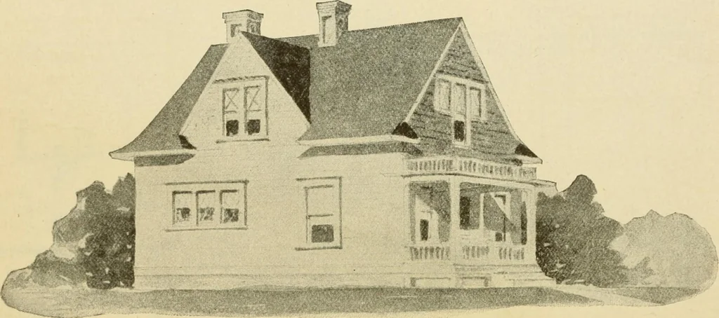 An illustration from Hodgson's modern house building : perspective views and floor plans of fifty low and medium priced houses ; full and complete working plans and specifications of any of these houses will be mailed at the low prices named, on the same day the order is received ; illustrated, 1905, leaf 45