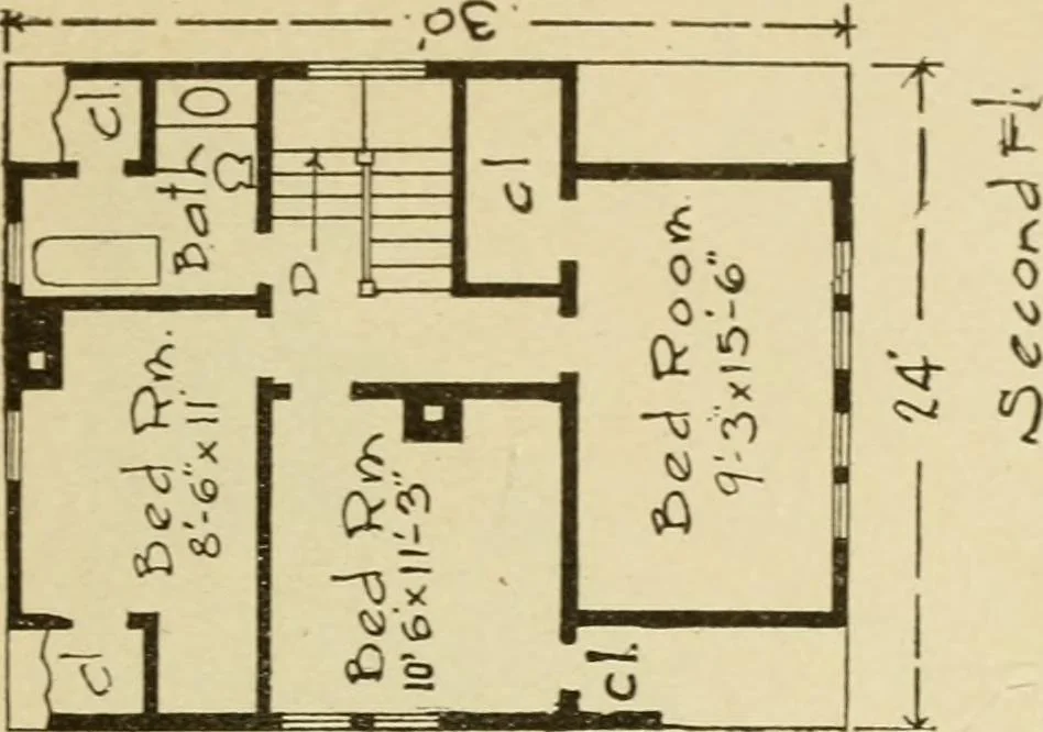 An illustration from Hodgson's modern house building : perspective views and floor plans of fifty low and medium priced houses ; full and complete working plans and specifications of any of these houses will be mailed at the low prices named, on the same day the order is received ; illustrated, 1905, leaf 46