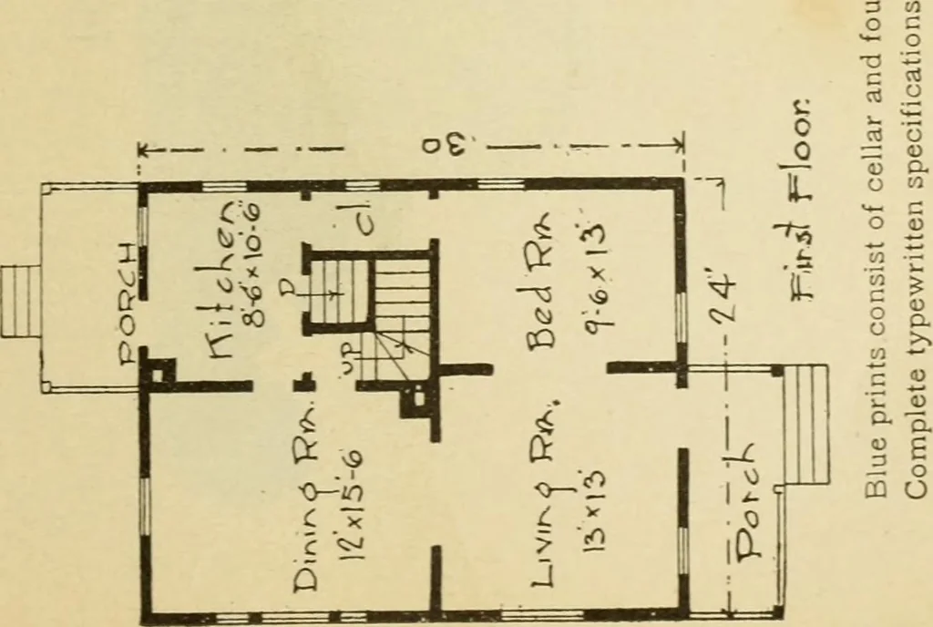 An illustration from Hodgson's modern house building : perspective views and floor plans of fifty low and medium priced houses ; full and complete working plans and specifications of any of these houses will be mailed at the low prices named, on the same day the order is received ; illustrated, 1905, leaf 46