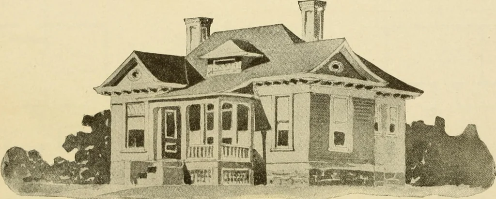 An illustration from Hodgson's modern house building : perspective views and floor plans of fifty low and medium priced houses ; full and complete working plans and specifications of any of these houses will be mailed at the low prices named, on the same day the order is received ; illustrated, 1905, leaf 47