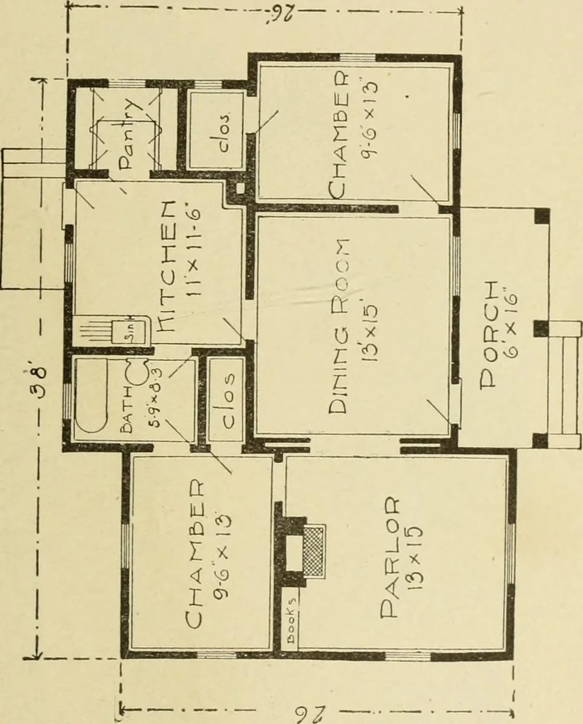 An illustration from Hodgson's modern house building : perspective views and floor plans of fifty low and medium priced houses ; full and complete working plans and specifications of any of these houses will be mailed at the low prices named, on the same day the order is received ; illustrated, 1905, leaf 48