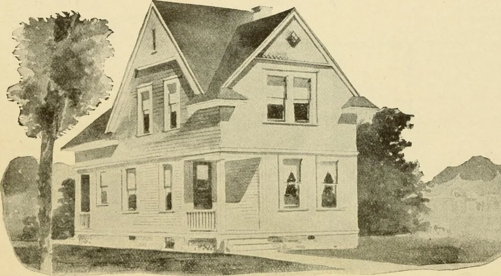 An illustration from Hodgson's modern house building : perspective views and floor plans of fifty low and medium priced houses ; full and complete working plans and specifications of any of these houses will be mailed at the low prices named, on the same day the order is received ; illustrated, 1905, leaf 49