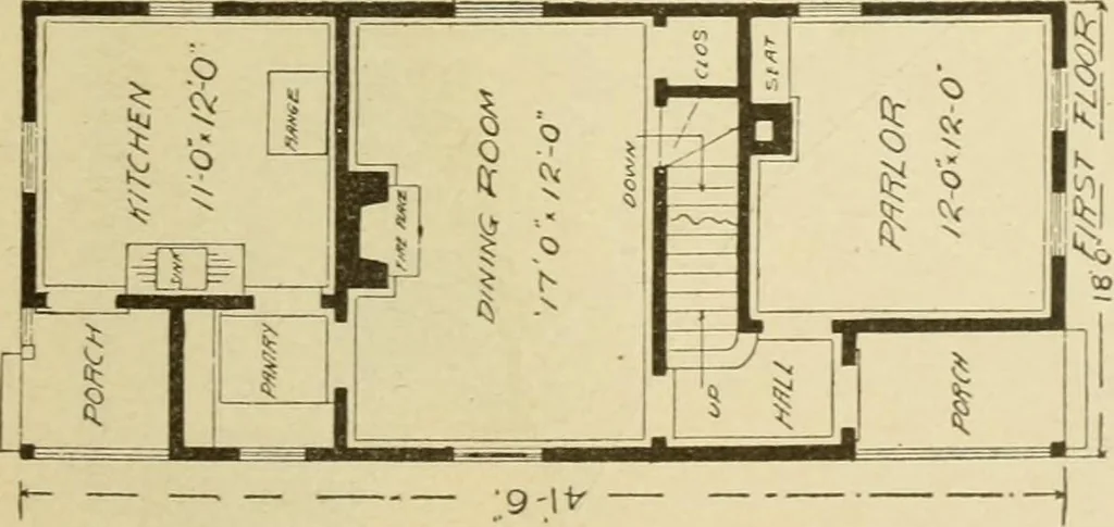 An illustration from Hodgson's modern house building : perspective views and floor plans of fifty low and medium priced houses ; full and complete working plans and specifications of any of these houses will be mailed at the low prices named, on the same day the order is received ; illustrated, 1905, leaf 50