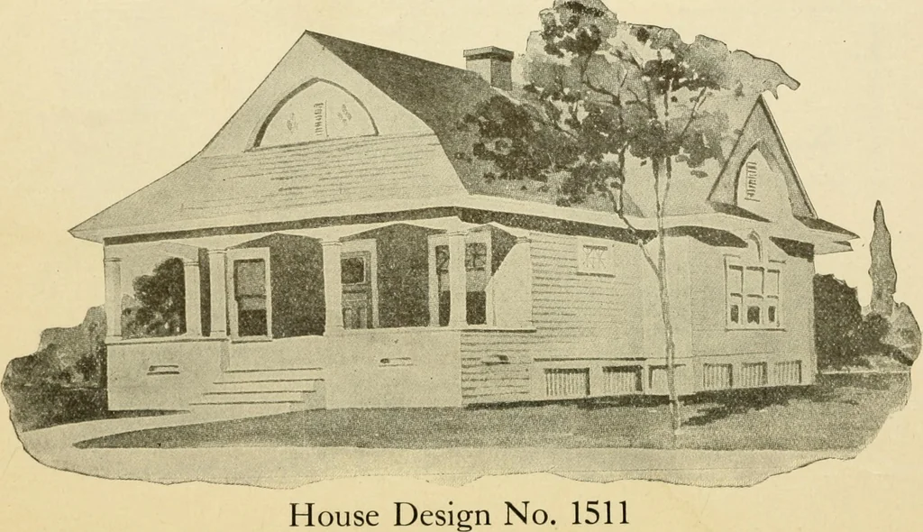 An illustration from Hodgson's modern house building : perspective views and floor plans of fifty low and medium priced houses ; full and complete working plans and specifications of any of these houses will be mailed at the low prices named, on the same day the order is received ; illustrated, 1905, leaf 51