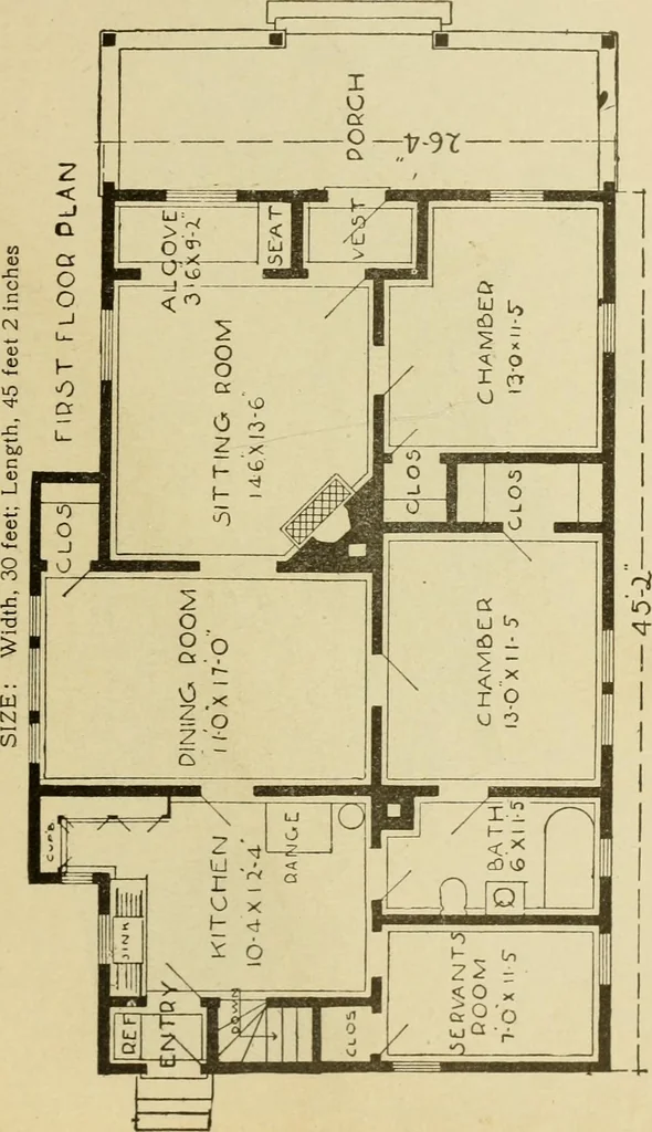 An illustration from Hodgson's modern house building : perspective views and floor plans of fifty low and medium priced houses ; full and complete working plans and specifications of any of these houses will be mailed at the low prices named, on the same day the order is received ; illustrated, 1905, leaf 52