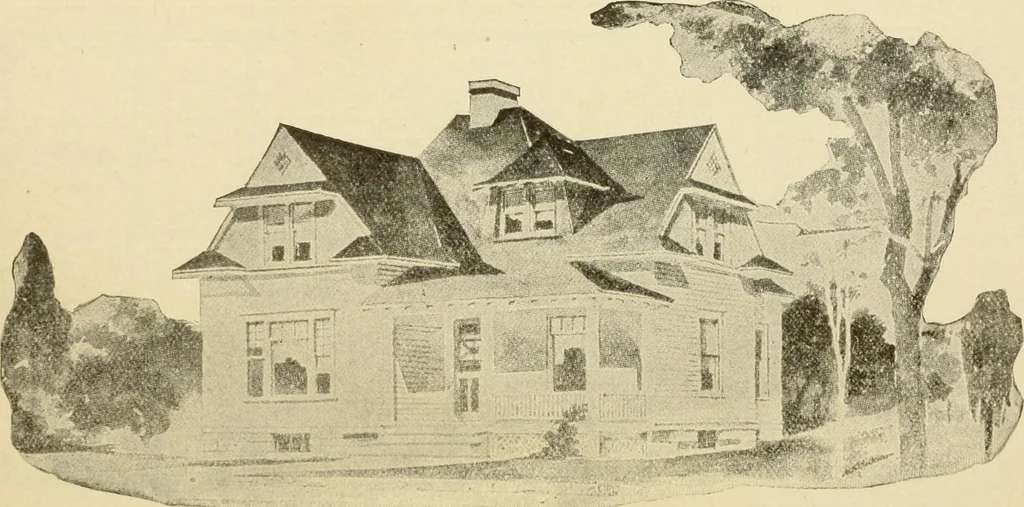 An illustration from Hodgson's modern house building : perspective views and floor plans of fifty low and medium priced houses ; full and complete working plans and specifications of any of these houses will be mailed at the low prices named, on the same day the order is received ; illustrated, 1905, leaf 53