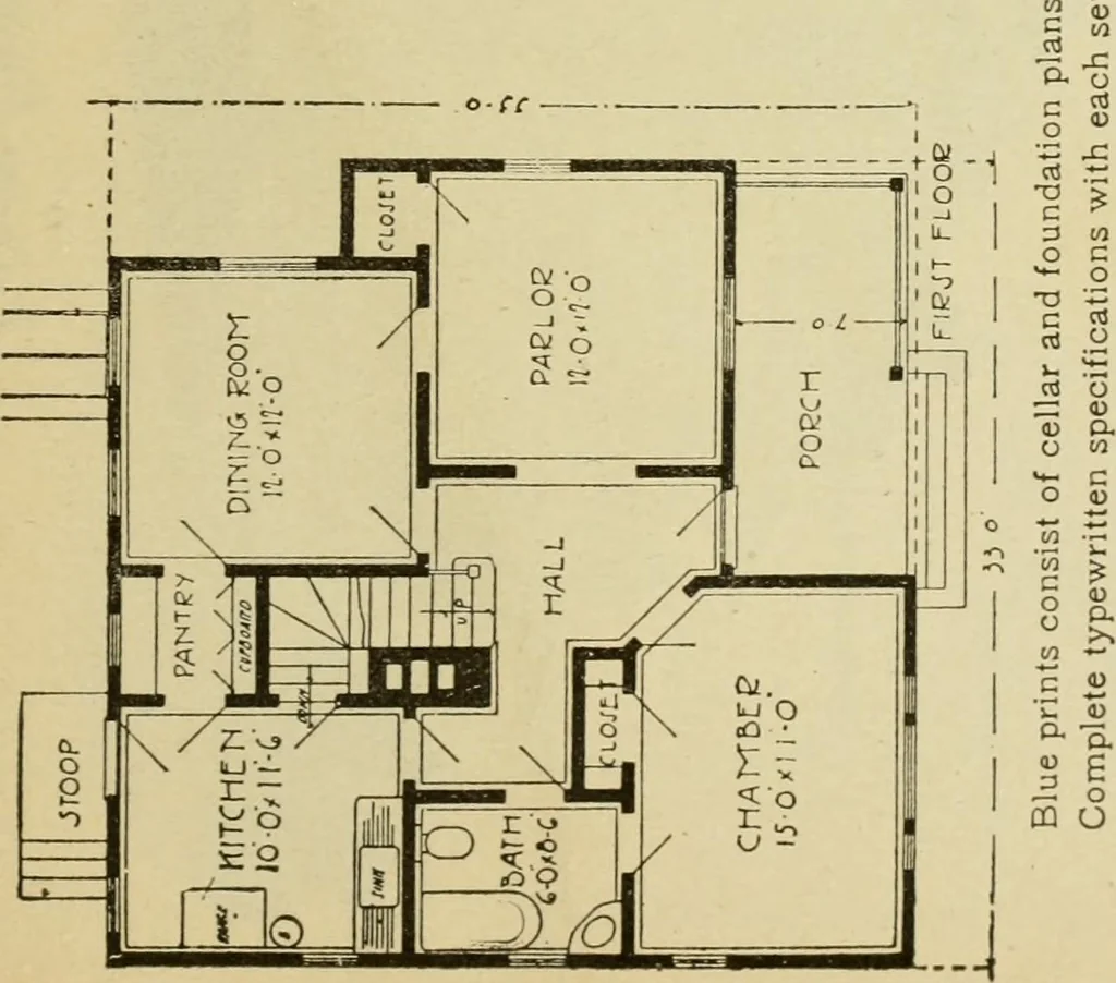 An illustration from Hodgson's modern house building : perspective views and floor plans of fifty low and medium priced houses ; full and complete working plans and specifications of any of these houses will be mailed at the low prices named, on the same day the order is received ; illustrated, 1905, leaf 54