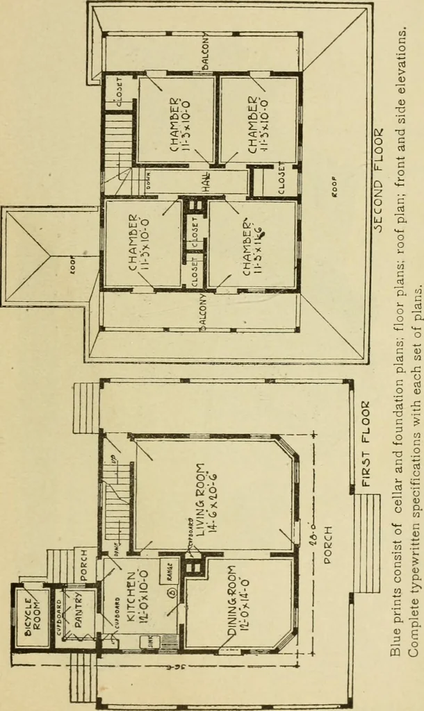 An illustration from Hodgson's modern house building : perspective views and floor plans of fifty low and medium priced houses ; full and complete working plans and specifications of any of these houses will be mailed at the low prices named, on the same day the order is received ; illustrated, 1905, leaf 56