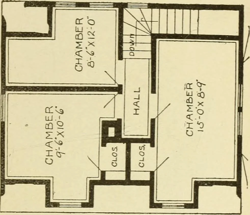 An illustration from Hodgson's modern house building : perspective views and floor plans of fifty low and medium priced houses ; full and complete working plans and specifications of any of these houses will be mailed at the low prices named, on the same day the order is received ; illustrated, 1905, leaf 58
