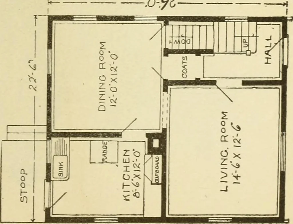 An illustration from Hodgson's modern house building : perspective views and floor plans of fifty low and medium priced houses ; full and complete working plans and specifications of any of these houses will be mailed at the low prices named, on the same day the order is received ; illustrated, 1905, leaf 58