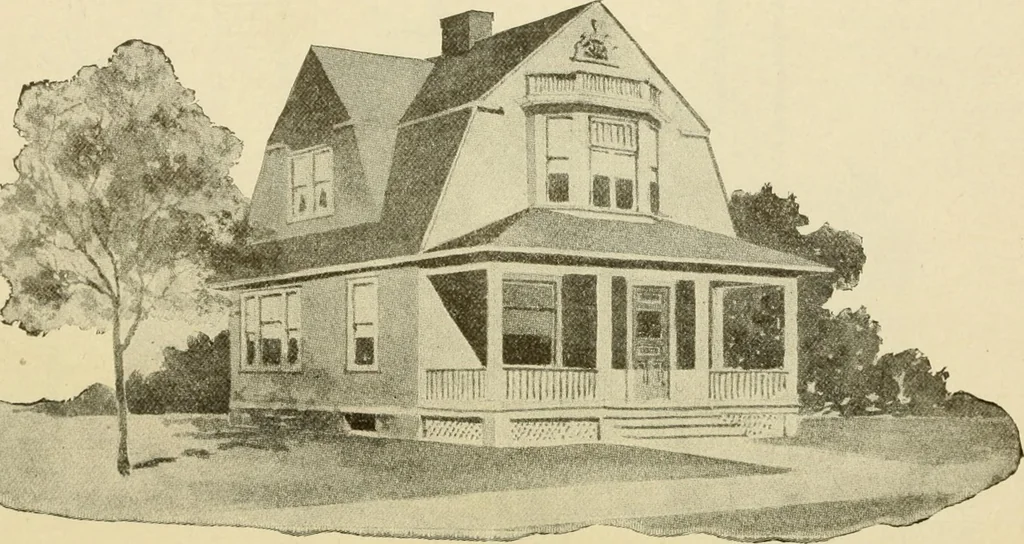An illustration from Hodgson's modern house building : perspective views and floor plans of fifty low and medium priced houses ; full and complete working plans and specifications of any of these houses will be mailed at the low prices named, on the same day the order is received ; illustrated, 1905, leaf 59