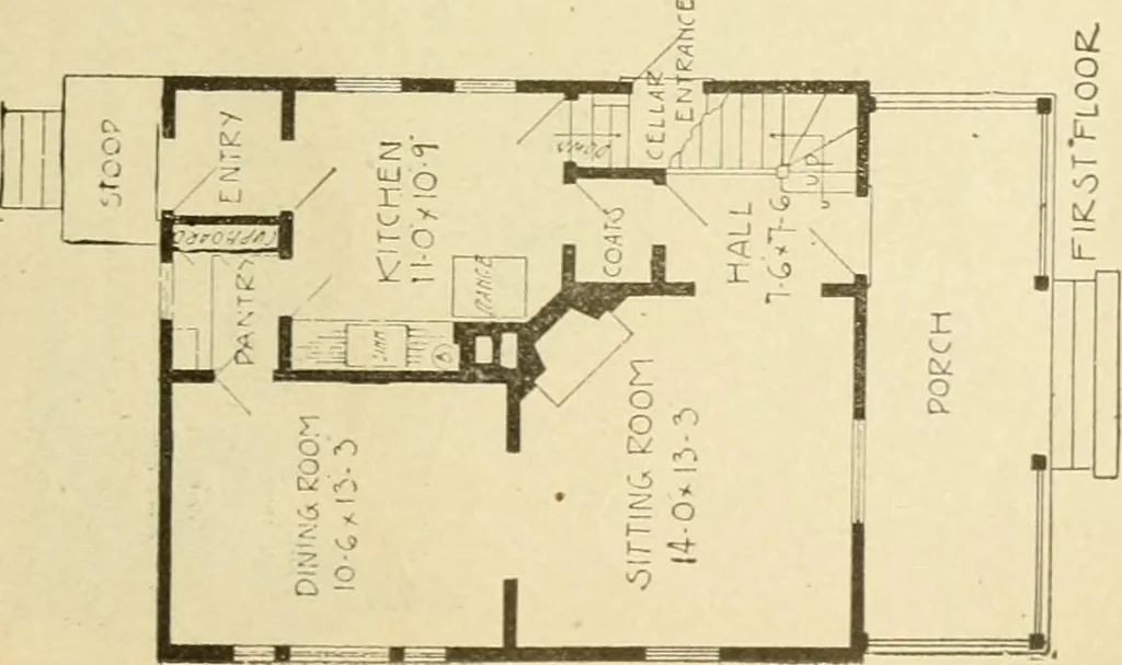 An illustration from Hodgson's modern house building : perspective views and floor plans of fifty low and medium priced houses ; full and complete working plans and specifications of any of these houses will be mailed at the low prices named, on the same day the order is received ; illustrated, 1905, leaf 60