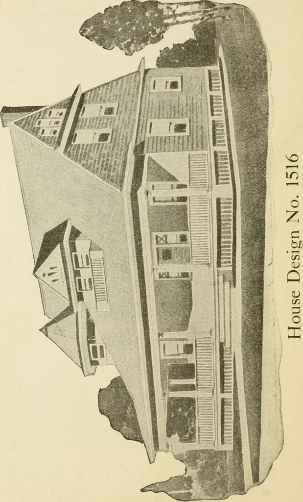 An illustration from Hodgson's modern house building : perspective views and floor plans of fifty low and medium priced houses ; full and complete working plans and specifications of any of these houses will be mailed at the low prices named, on the same day the order is received ; illustrated, 1905, leaf 61