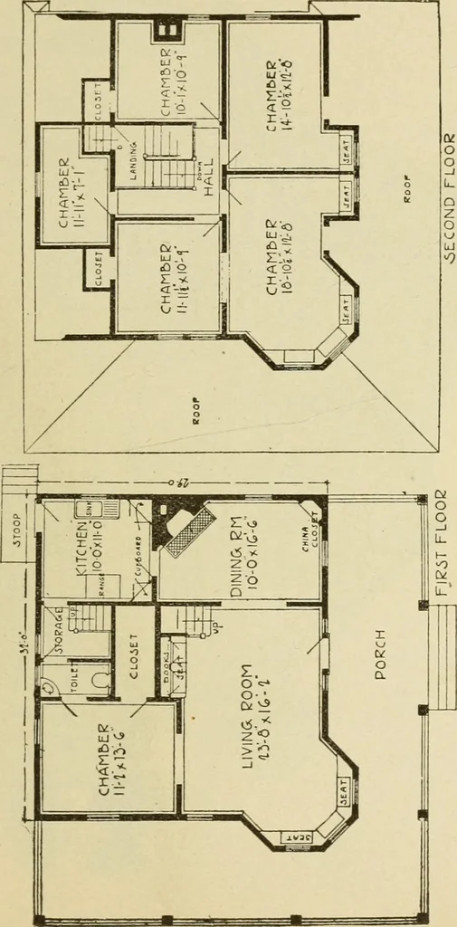An illustration from Hodgson's modern house building : perspective views and floor plans of fifty low and medium priced houses ; full and complete working plans and specifications of any of these houses will be mailed at the low prices named, on the same day the order is received ; illustrated, 1905, leaf 62