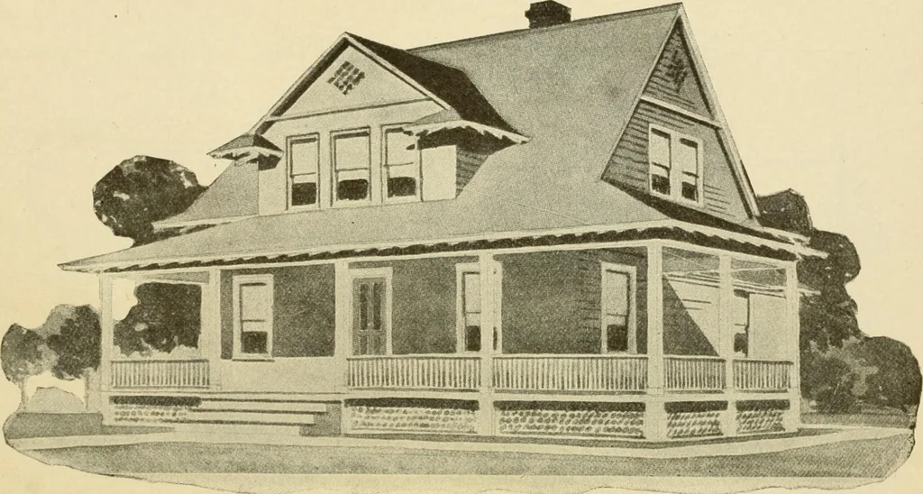 An illustration from Hodgson's modern house building : perspective views and floor plans of fifty low and medium priced houses ; full and complete working plans and specifications of any of these houses will be mailed at the low prices named, on the same day the order is received ; illustrated, 1905, leaf 63