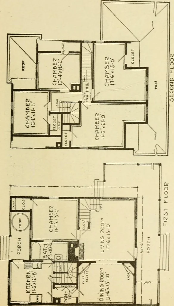 An illustration from Hodgson's modern house building : perspective views and floor plans of fifty low and medium priced houses ; full and complete working plans and specifications of any of these houses will be mailed at the low prices named, on the same day the order is received ; illustrated, 1905, leaf 64