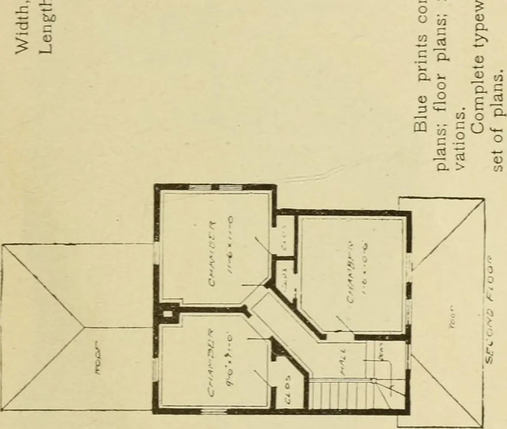 An illustration from Hodgson's modern house building : perspective views and floor plans of fifty low and medium priced houses ; full and complete working plans and specifications of any of these houses will be mailed at the low prices named, on the same day the order is received ; illustrated, 1905, leaf 66