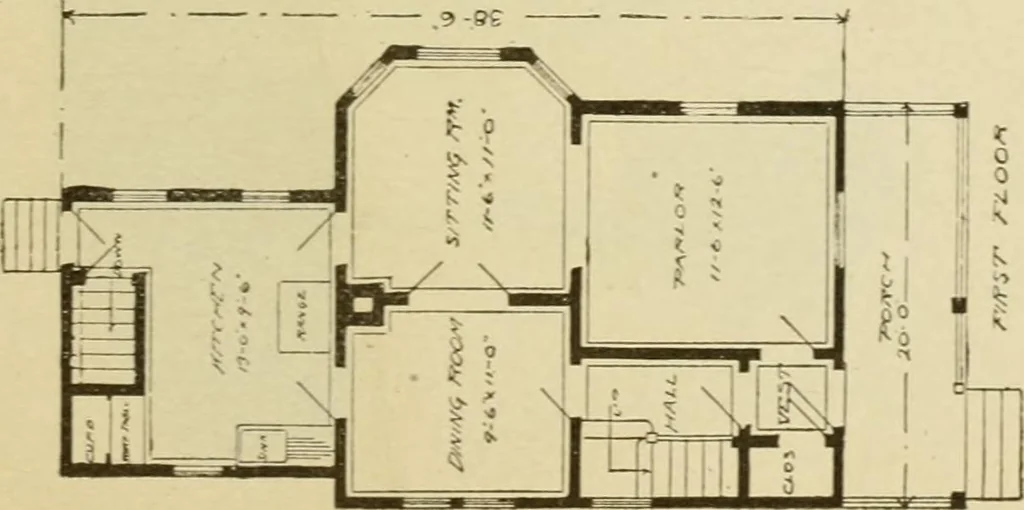 An illustration from Hodgson's modern house building : perspective views and floor plans of fifty low and medium priced houses ; full and complete working plans and specifications of any of these houses will be mailed at the low prices named, on the same day the order is received ; illustrated, 1905, leaf 66