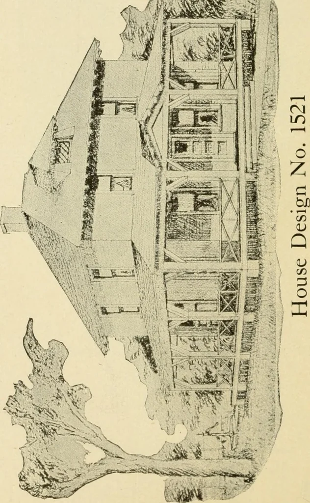 An illustration from Hodgson's modern house building : perspective views and floor plans of fifty low and medium priced houses ; full and complete working plans and specifications of any of these houses will be mailed at the low prices named, on the same day the order is received ; illustrated, 1905, leaf 71