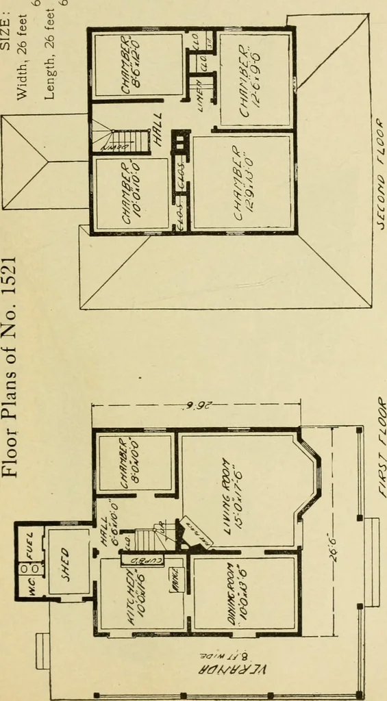 An illustration from Hodgson's modern house building : perspective views and floor plans of fifty low and medium priced houses ; full and complete working plans and specifications of any of these houses will be mailed at the low prices named, on the same day the order is received ; illustrated, 1905, leaf 72