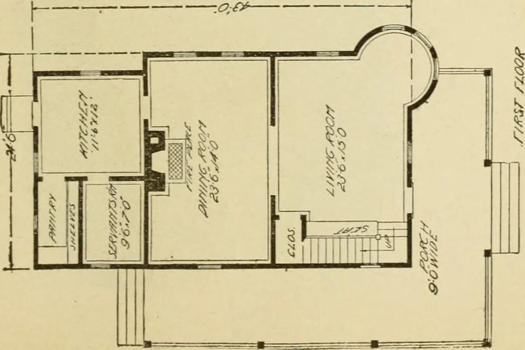 An illustration from Hodgson's modern house building : perspective views and floor plans of fifty low and medium priced houses ; full and complete working plans and specifications of any of these houses will be mailed at the low prices named, on the same day the order is received ; illustrated, 1905, leaf 74