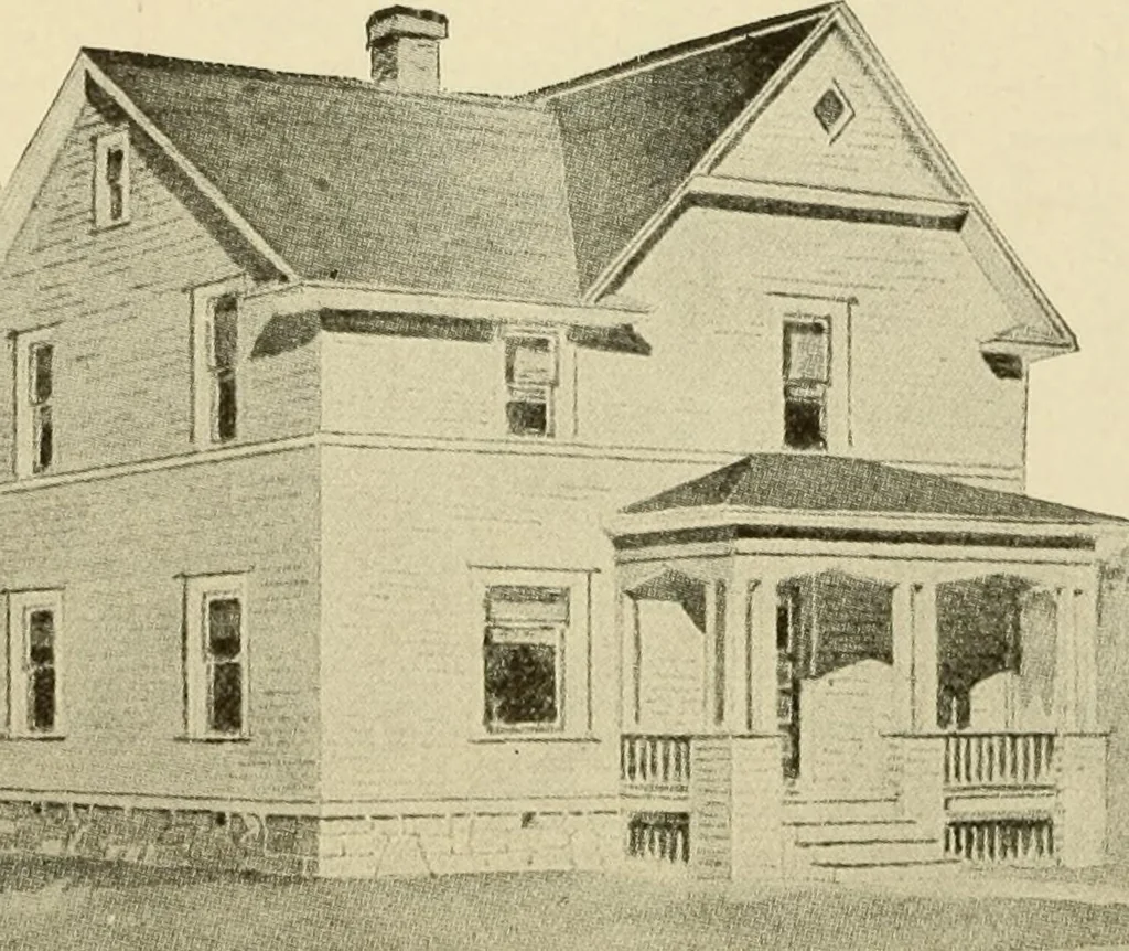 An illustration from Hodgson's modern house building : perspective views and floor plans of fifty low and medium priced houses ; full and complete working plans and specifications of any of these houses will be mailed at the low prices named, on the same day the order is received ; illustrated, 1905, leaf 75