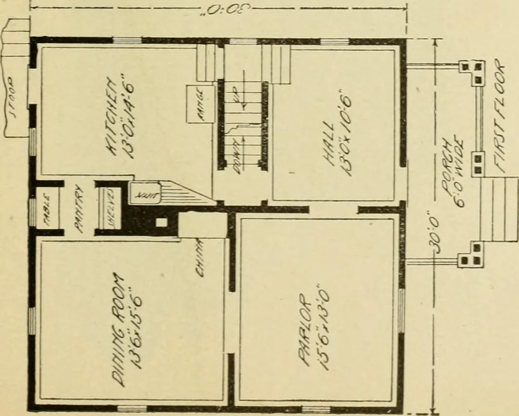 An illustration from Hodgson's modern house building : perspective views and floor plans of fifty low and medium priced houses ; full and complete working plans and specifications of any of these houses will be mailed at the low prices named, on the same day the order is received ; illustrated, 1905, leaf 76