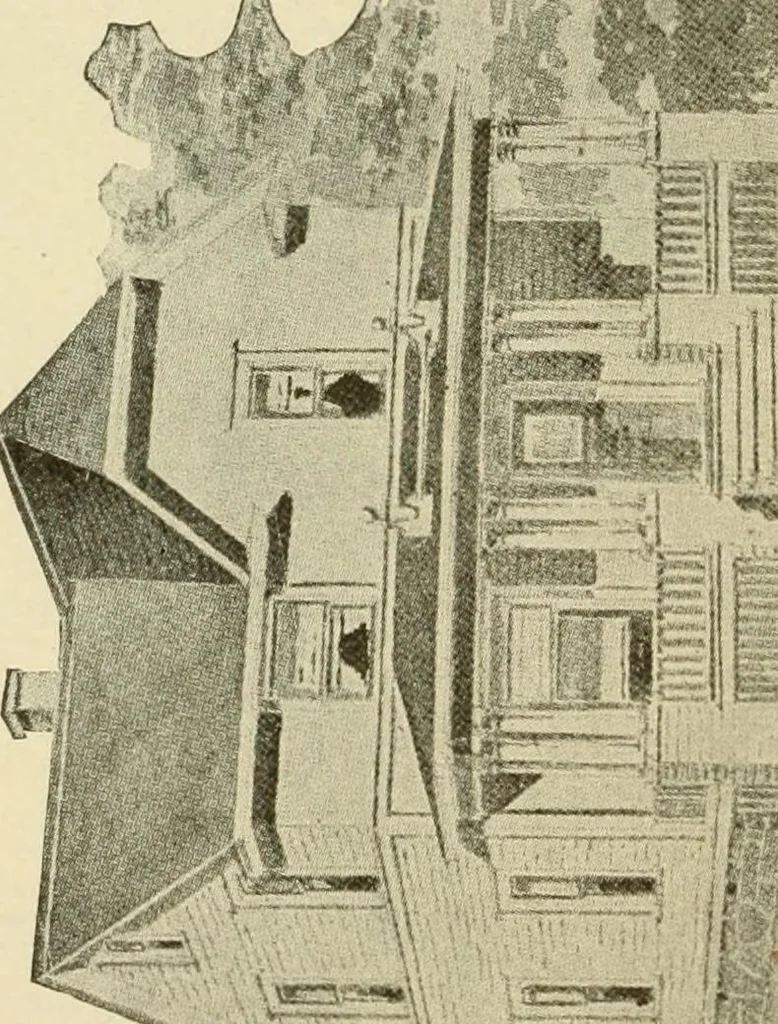 An illustration from Hodgson's modern house building : perspective views and floor plans of fifty low and medium priced houses ; full and complete working plans and specifications of any of these houses will be mailed at the low prices named, on the same day the order is received ; illustrated, 1905, leaf 77