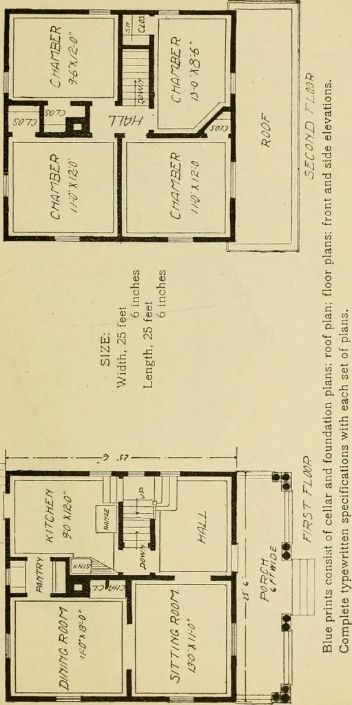 An illustration from Hodgson's modern house building : perspective views and floor plans of fifty low and medium priced houses ; full and complete working plans and specifications of any of these houses will be mailed at the low prices named, on the same day the order is received ; illustrated, 1905, leaf 78