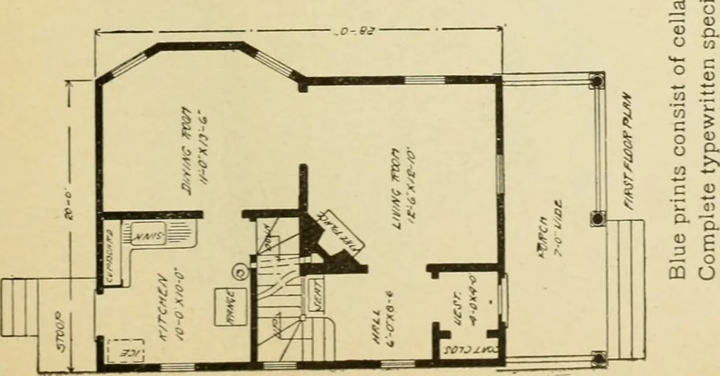 An illustration from Hodgson's modern house building : perspective views and floor plans of fifty low and medium priced houses ; full and complete working plans and specifications of any of these houses will be mailed at the low prices named, on the same day the order is received ; illustrated, 1905, leaf 80