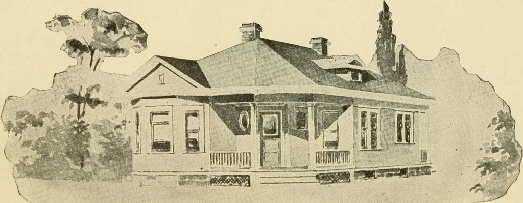 An illustration from Hodgson's modern house building : perspective views and floor plans of fifty low and medium priced houses ; full and complete working plans and specifications of any of these houses will be mailed at the low prices named, on the same day the order is received ; illustrated, 1905, leaf 81