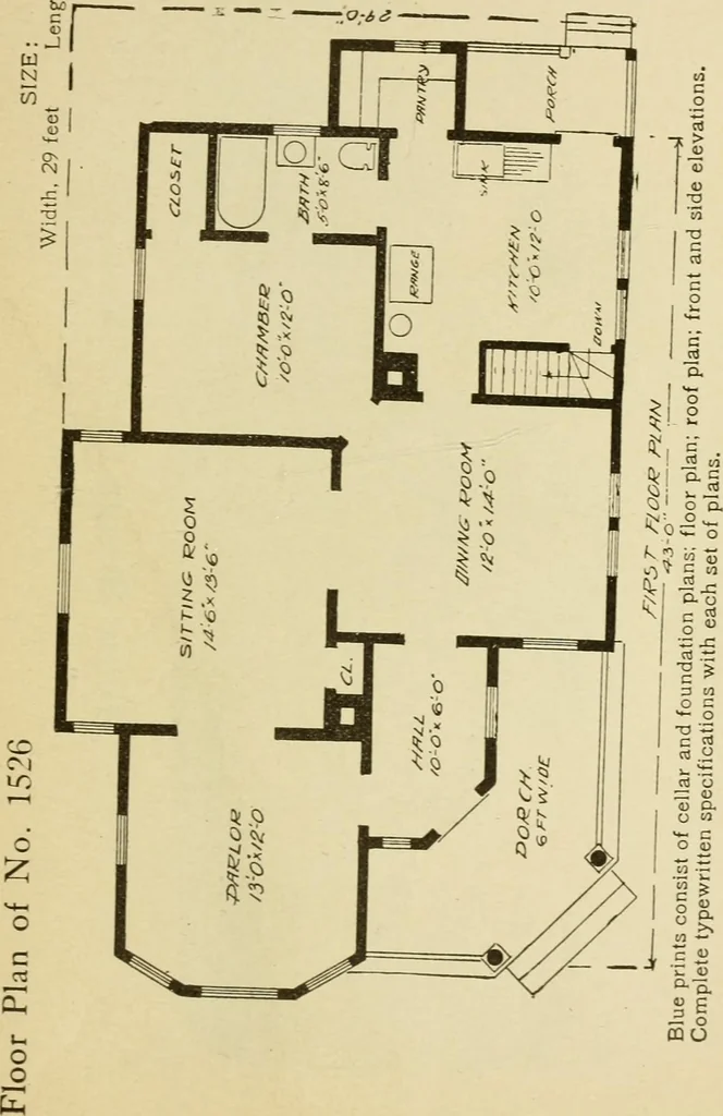 An illustration from Hodgson's modern house building : perspective views and floor plans of fifty low and medium priced houses ; full and complete working plans and specifications of any of these houses will be mailed at the low prices named, on the same day the order is received ; illustrated, 1905, leaf 82