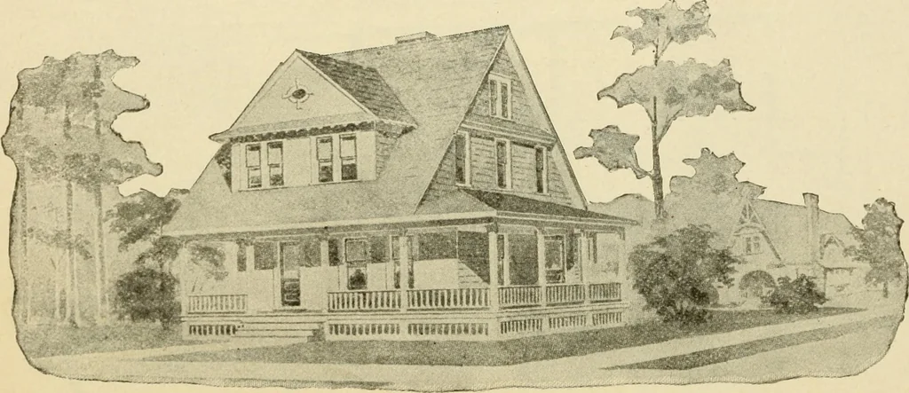 An illustration from Hodgson's modern house building : perspective views and floor plans of fifty low and medium priced houses ; full and complete working plans and specifications of any of these houses will be mailed at the low prices named, on the same day the order is received ; illustrated, 1905, leaf 83