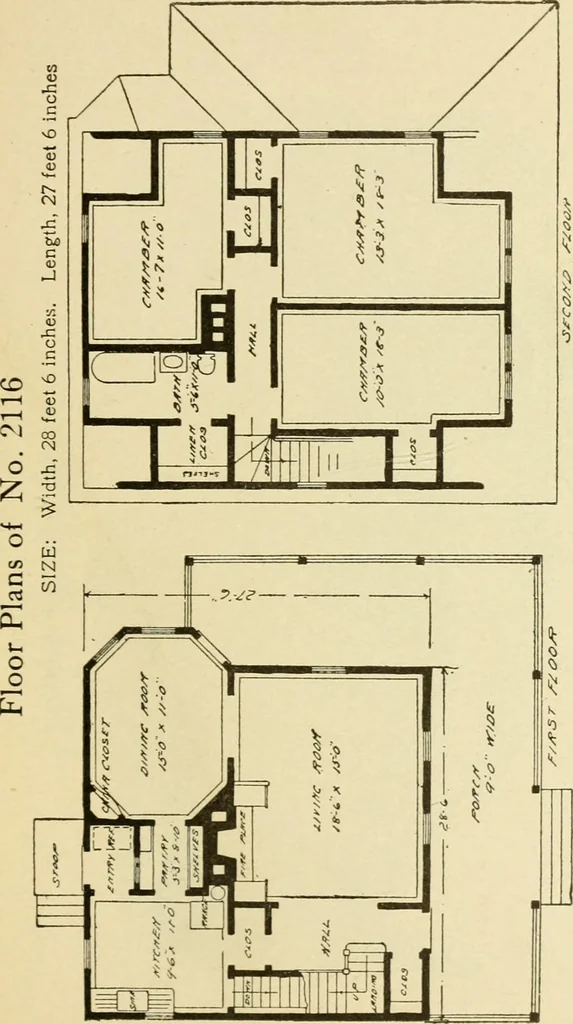 An illustration from Hodgson's modern house building : perspective views and floor plans of fifty low and medium priced houses ; full and complete working plans and specifications of any of these houses will be mailed at the low prices named, on the same day the order is received ; illustrated, 1905, leaf 84