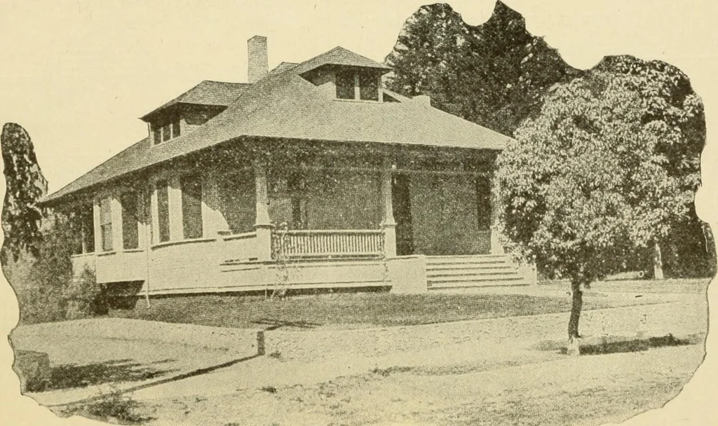 An illustration from Hodgson's modern house building : perspective views and floor plans of fifty low and medium priced houses ; full and complete working plans and specifications of any of these houses will be mailed at the low prices named, on the same day the order is received ; illustrated, 1905, leaf 85