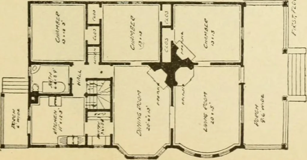 An illustration from Hodgson's modern house building : perspective views and floor plans of fifty low and medium priced houses ; full and complete working plans and specifications of any of these houses will be mailed at the low prices named, on the same day the order is received ; illustrated, 1905, leaf 86