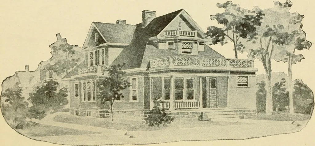 An illustration from Hodgson's modern house building : perspective views and floor plans of fifty low and medium priced houses ; full and complete working plans and specifications of any of these houses will be mailed at the low prices named, on the same day the order is received ; illustrated, 1905, leaf 87