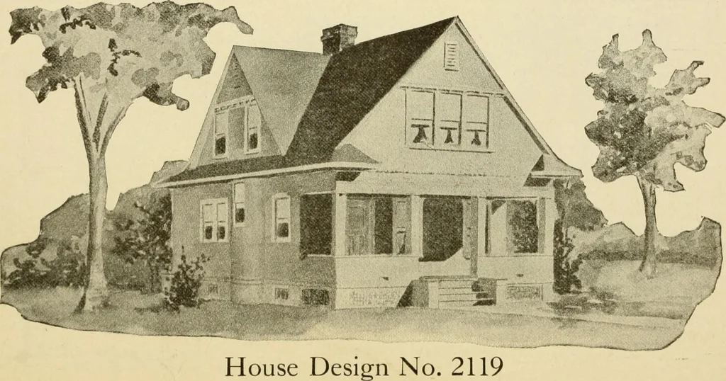 An illustration from Hodgson's modern house building : perspective views and floor plans of fifty low and medium priced houses ; full and complete working plans and specifications of any of these houses will be mailed at the low prices named, on the same day the order is received ; illustrated, 1905, leaf 89