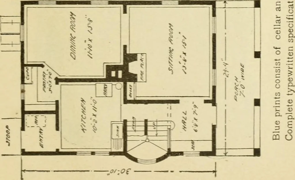 An illustration from Hodgson's modern house building : perspective views and floor plans of fifty low and medium priced houses ; full and complete working plans and specifications of any of these houses will be mailed at the low prices named, on the same day the order is received ; illustrated, 1905, leaf 90