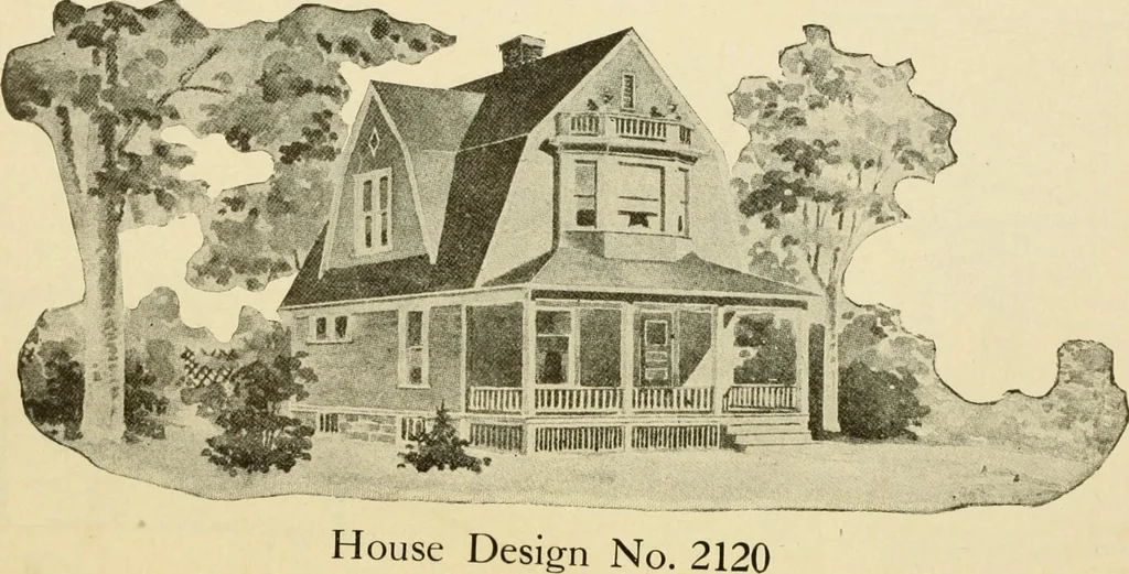 An illustration from Hodgson's modern house building : perspective views and floor plans of fifty low and medium priced houses ; full and complete working plans and specifications of any of these houses will be mailed at the low prices named, on the same day the order is received ; illustrated, 1905, leaf 91