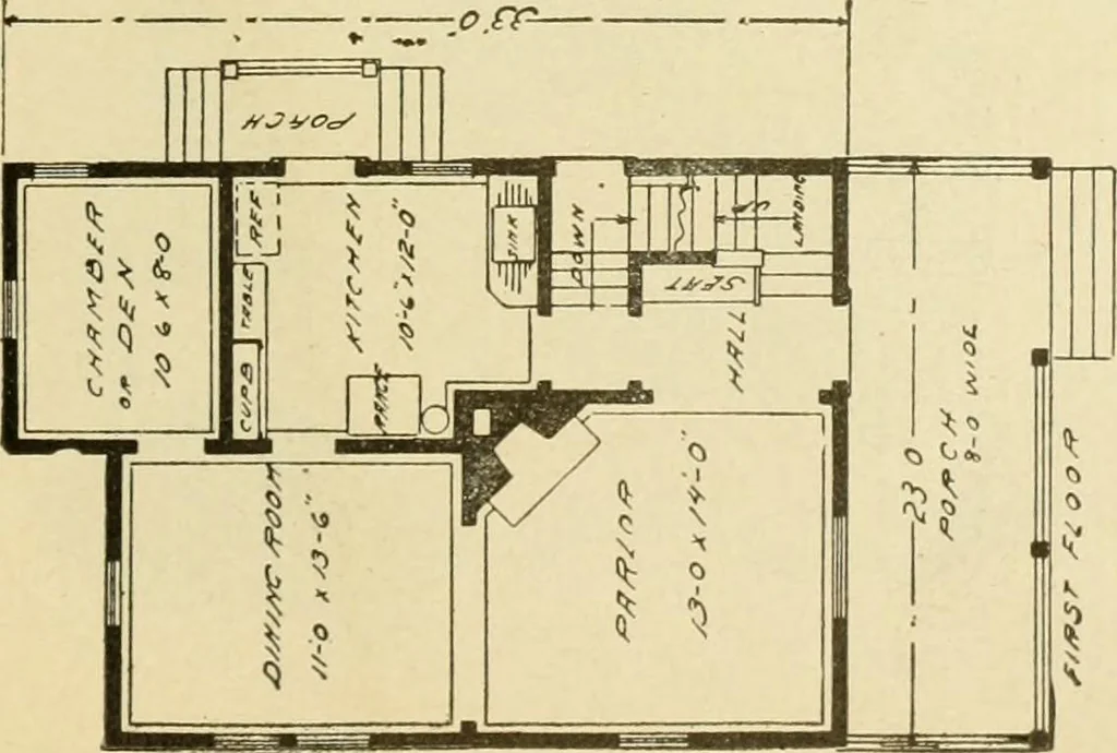 An illustration from Hodgson's modern house building : perspective views and floor plans of fifty low and medium priced houses ; full and complete working plans and specifications of any of these houses will be mailed at the low prices named, on the same day the order is received ; illustrated, 1905, leaf 92