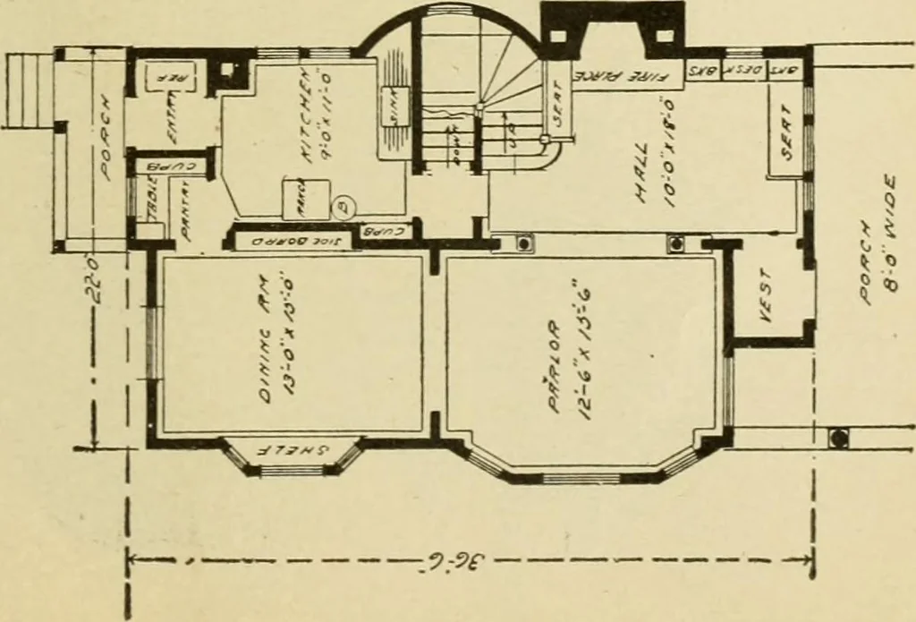 An illustration from Hodgson's modern house building : perspective views and floor plans of fifty low and medium priced houses ; full and complete working plans and specifications of any of these houses will be mailed at the low prices named, on the same day the order is received ; illustrated, 1905, leaf 94
